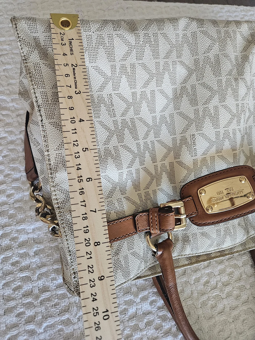 Michael Kors Beige Logo Tote with Brown Leather Handles and Gold Hardware